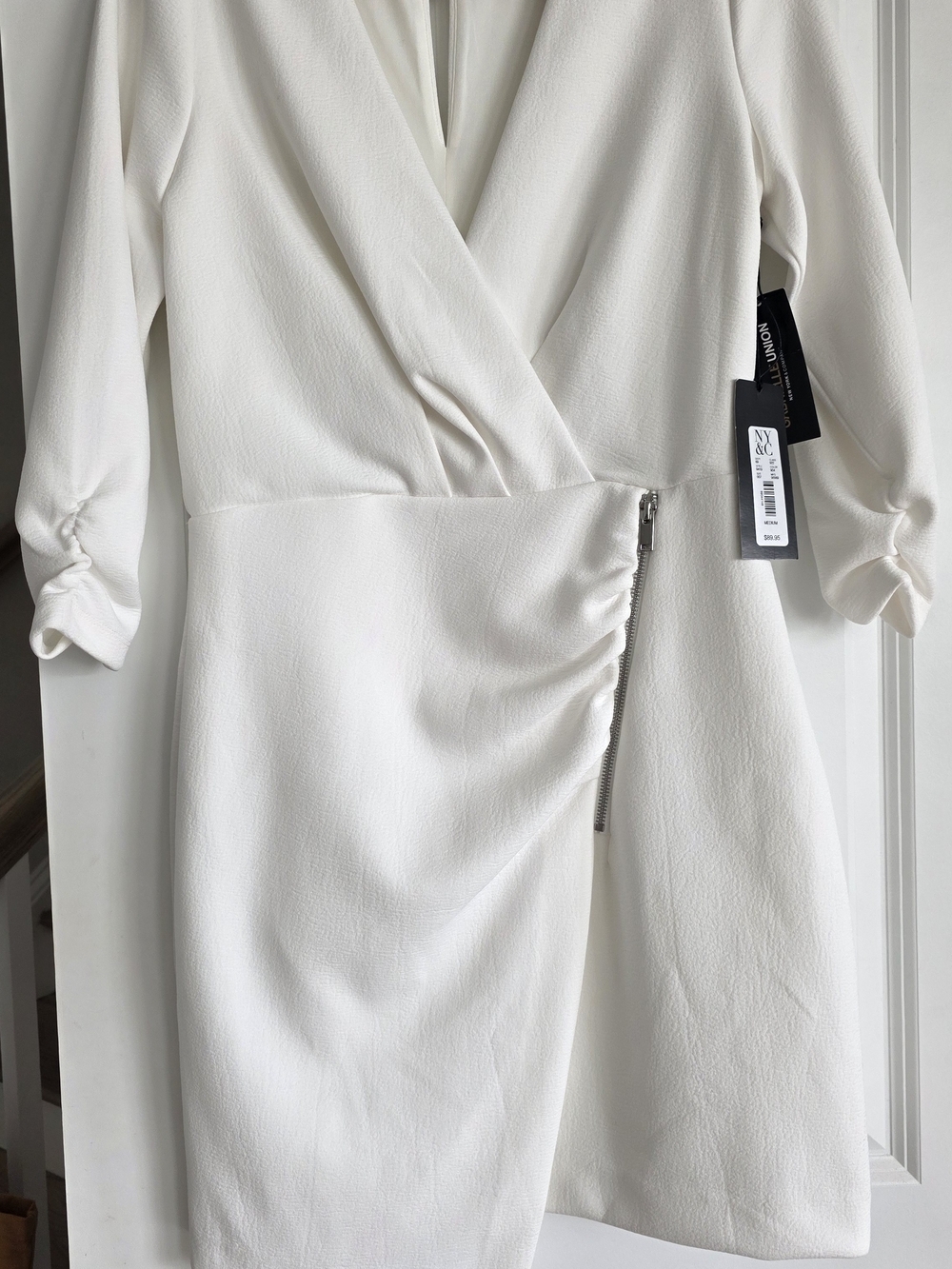New York & Company White Faux Wrap Dress with Side Zip - Picture 3 of 6